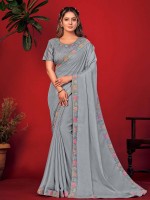 Dusty Blue Crackle Chiffon Saree With Readymade Blouse